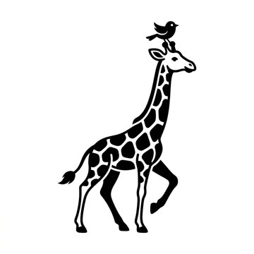 Giraffe with a bird on its head. Minimalist black and white vector illustration of wildlife.