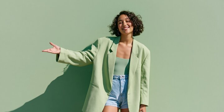 Smiling woman in pastel green blazer and denim shorts presenting an open palm on green background for banner and design use