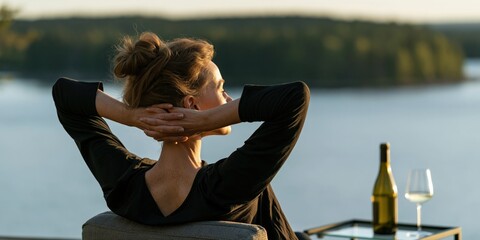 Fototapeta premium Woman leaning back on a lakeside balcony with wine and glass for relaxation background and lifestyle retreat banner
