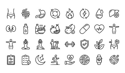 Fototapeta premium Human Metabolism and Body Detox Line Icon Collection for Health and Nutrition Design