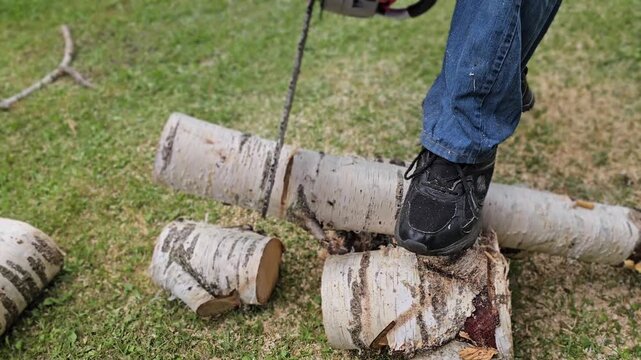 Cutting wood logs in a yard using a chainsaw for firewood preparation