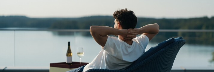 Obraz premium Relaxing man on lakeside terrace with wine and glass for background banner and travel lifestyle design