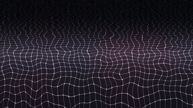 Wavy grid lines abstract digital background animation loop. Dynamic undulating mesh surface with glowing white lines on a dark, futuristic, technological backdrop, perfect for data.