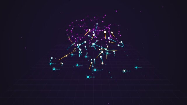 Glowing digital data network connection points interacting in a dynamic abstract motion graphic video footage loop