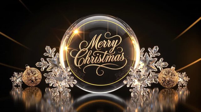Luxury Merry Christmas Greeting with Gold Text in Glass Sphere and Crystal Snowflakes