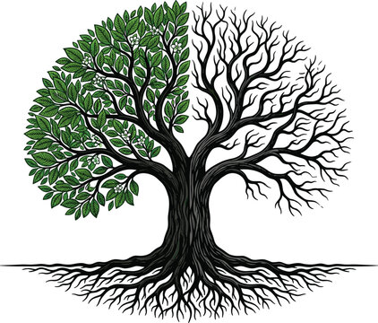 Half Green Leaves Half Bare Branches Tree Vector Concept Illustration Isolated on White Background for Environmental Design