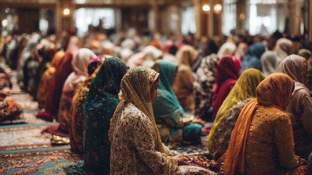 Group of women praying in colorful headscarves