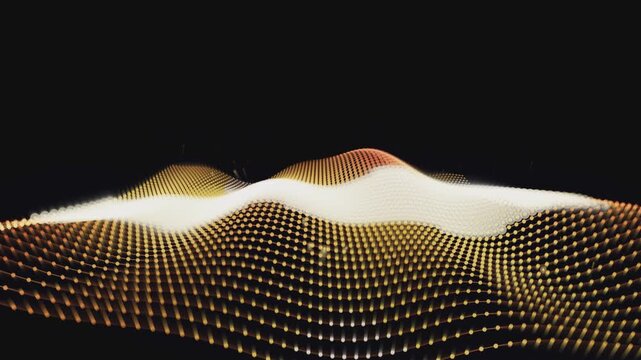 Glowing golden digital waves flowing in motion as an abstract particle field video animation background