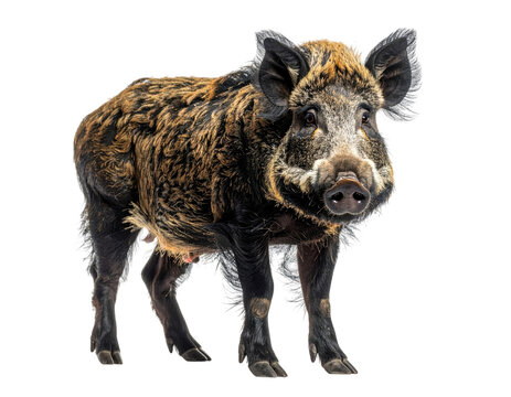 Full body wild boar, positioned center frame on a pristine white background, snout uplifted, eyes focused quietly asserting dominance
