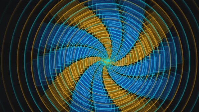 Rotating blue and yellow rectangular tunnel animation effect creating a hypnotic digital motion art background video