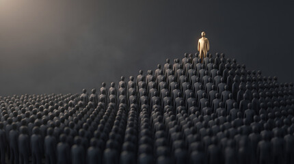 Fototapeta premium Golden Figurine Standing On Top Of People Pyramid Concept