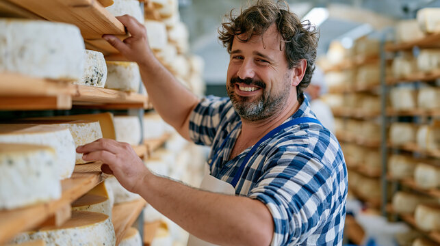 Cheese maker in a luxury stone-vaulted aging cellar turns wheels of maturing curd on wooden shelves, wide establishing shot of hundreds of rounds aging in humidity-controlled rows, artisan dairy, fa