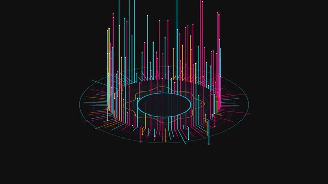 Data visualization circles with glowing vertical light lines forming digital motion animation for modern interface design
