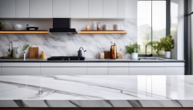 marble stone empty table top of kitchen island on white modern kitchen interior background scene stage showcase for montage you products promotion sale or advertising