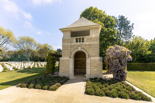 Canadian War Cemetery at Cintheaux in Normandy France commemorates brave soldiers who lost their lives during the historic Battle of Normandy campaign. April 27, 2026, Normandy, France