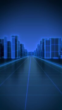 Futuristic Abstract Neon City Grid with Left to Right Camera Movement, Blue Technology Background 4K