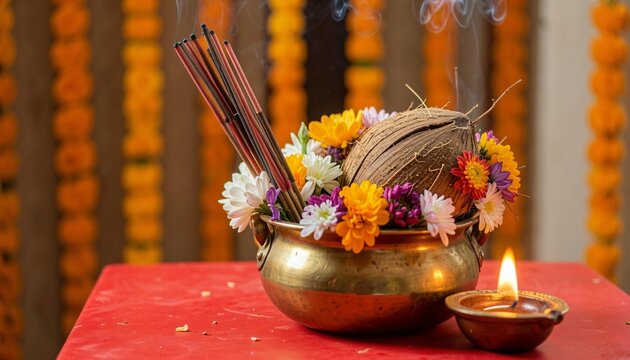 Chaitra Navratri Puja Setup with Brass Kalash and Flowers