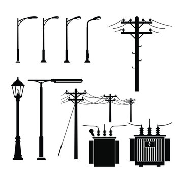 Street light and utility pole icons. Black silhouette collection of electrical infrastructure.