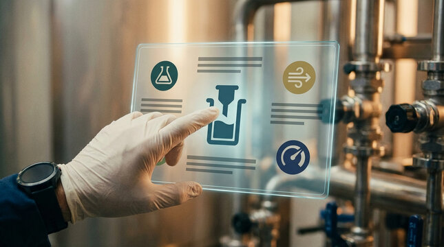 Professional Engineer Using Transparent Glass Digital Interface Screen for Real Time Industrial Monitoring and Automation Control in Modern Factory.