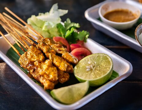grilled thai chicken satay skewers served with creamy peanut sauce fresh lime and vegetables at a vibrant street food market