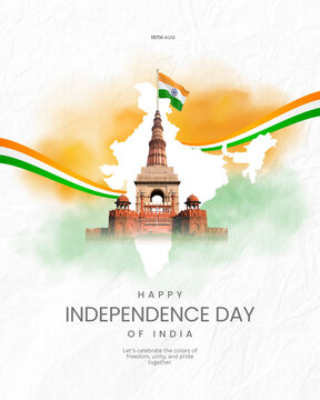 Happy independence day of india concept with historical monument and watercolor national flag