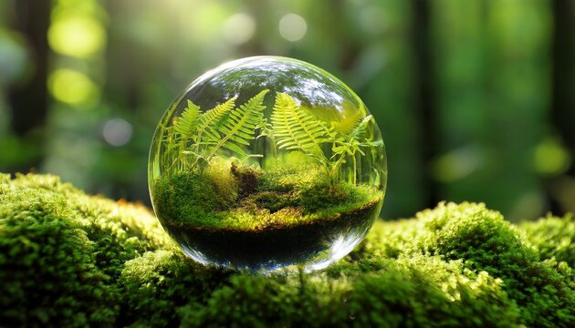small glass orb containing a miniature lush forest ecosystem resting peacefully upon wet vibrant green moss in soft sunlight