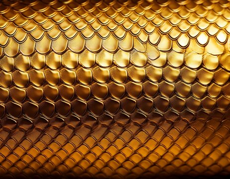 vibrant golden snake skin pattern featuring intricate repeating scales with a glossy metallic finish displayed in a close up macro shot for a luxury fashion design