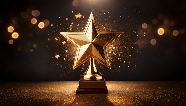 golden star trophy on dark backdrop with glitter effect for success theme award presentation promotional design
