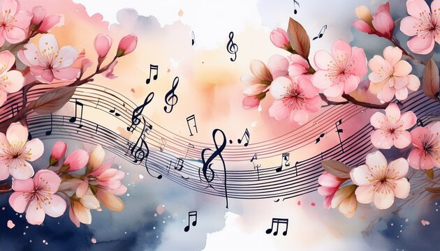 watercolor cherry blossoms and musical notes artistic background for concert flyers poetry books or wedding stationery delicate and dreamy