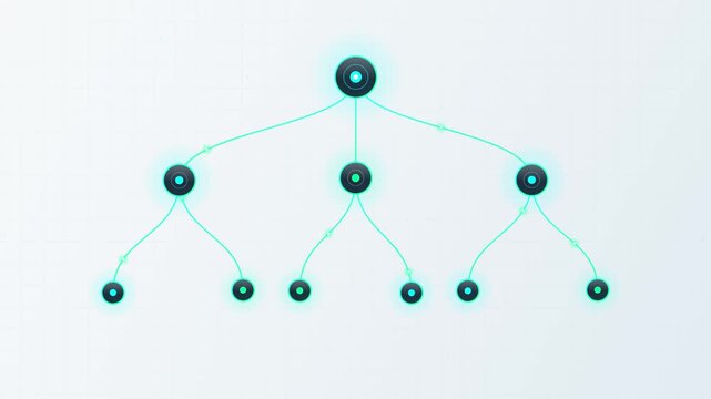 Glowing cyber data tree growth animation on bright grid background