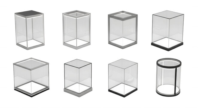 various glass display cases on white background products in retail stores or museums