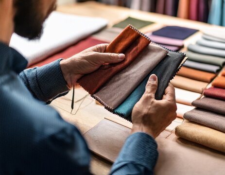 skilled tailor hands carefully examining diverse textile fabric samples to select the perfect material for a high quality custom clothing design project in this detailed photo