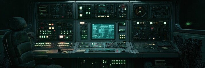 Fototapeta premium A control room features a system activation ceremony with green safety lights and precise checks in a dark setting, showcasing AI technology.