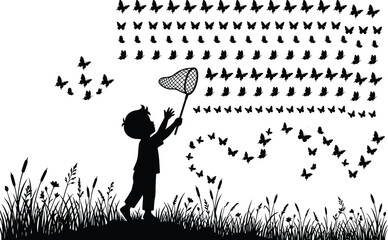 Child With Butterfly Net Silhouette Against White Background © SakhawatHosen