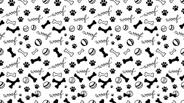Seamless pattern of black dog paw prints, bones, balls and handwritten woof text on white background, perfect for pet shop branding, puppy product packaging and fabric design