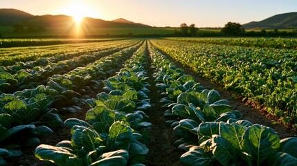 Fototapeta premium Fresh Leafy Green Lettuce Growing in Rows During Sunset in Farm Field