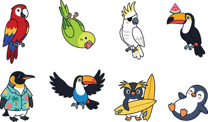 Cute Tropical Bird Cartoon Character Collection Featuring Parrot, Cockatoo, Toucan, Penguin, and Funny Exotic Wildlife Vector Illustrations © Priyanka