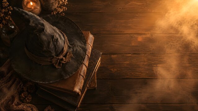 A witch's hat resting on a stack of leather-bound books, photo, warm amber and chocolate brown