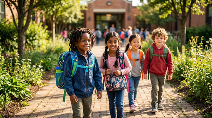 Fototapeta premium Diverse schoolchildren walk to school smiling with backpacks on sunny day