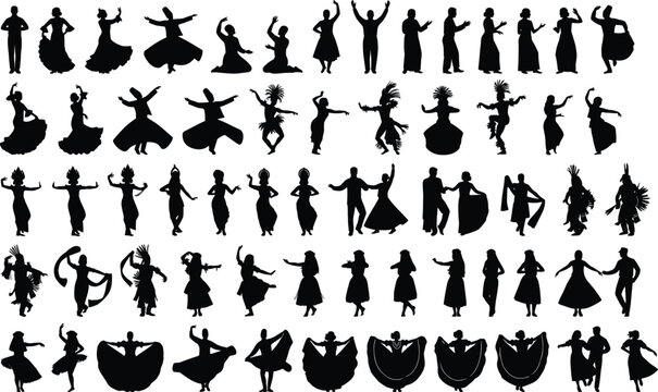 Traditional Folk Dance Silhouette Collection with Cultural Performers and Festival Celebration Figures