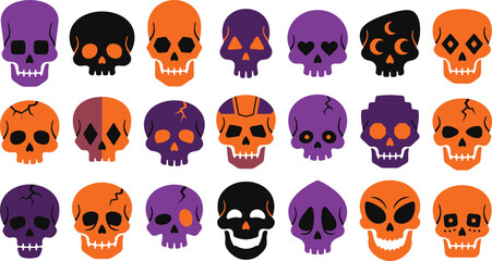 Fototapeta premium Set of colorful skulls in orange purple and black for a spooky happy halloween day celebration background design
