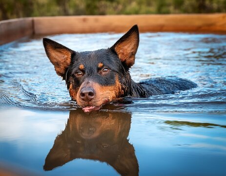 australian kelpie swimming in trough after cattle muster