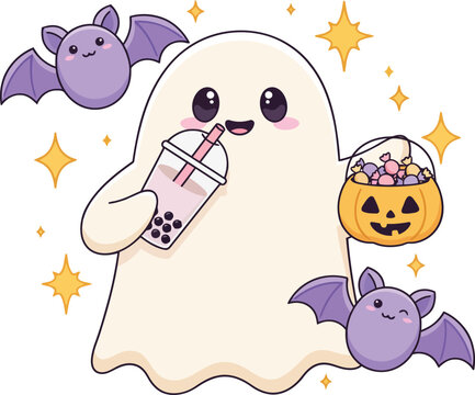 Cute Halloween vector illustration featuring friendly cartoon ghost drinking boba bubble tea holding jack o lantern pumpkin candy basket with purple bats and sparkles isolated