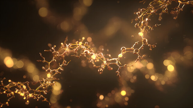 Golden molecular chain molecule macromolecule chemical bond biochemistry abstract structure glowing science nanotechnology polymer atom network connection molecular model organic chemistry