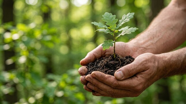 Hands Holding a Small Green Oak Tree Sapling with Soil for Planting in Forest