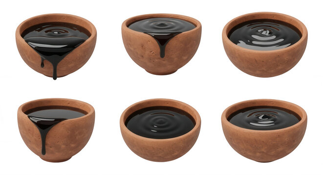 close-up of six terra cotta bowls filled with black liquid dripping isolated on a white backdrop culinary or cosmetic product usage