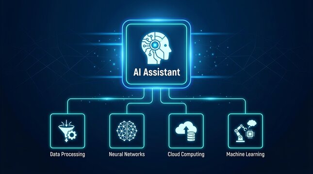 A digital infographic showing an artificial intelligence assistant concept with four distinct icons representing report security cloud and system functions on blue