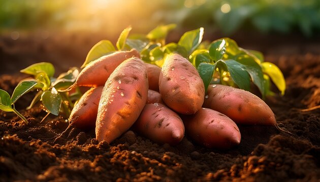 freshly harvested sweet potatoes with dirt and dew drops natural farm produce of raw sweet potatoes in warm light