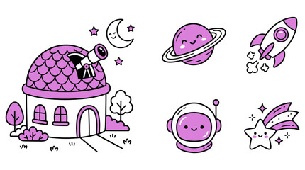 Space exploration vector set with observatory telescope planet saturn rocket ship astronaut helmet and shooting star icon. © SHANTI ICONSET