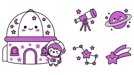Cute astronaut in space collection with observatory dome planet telescope constellation and shooting star vector clipart. © SHANTI ICONSET